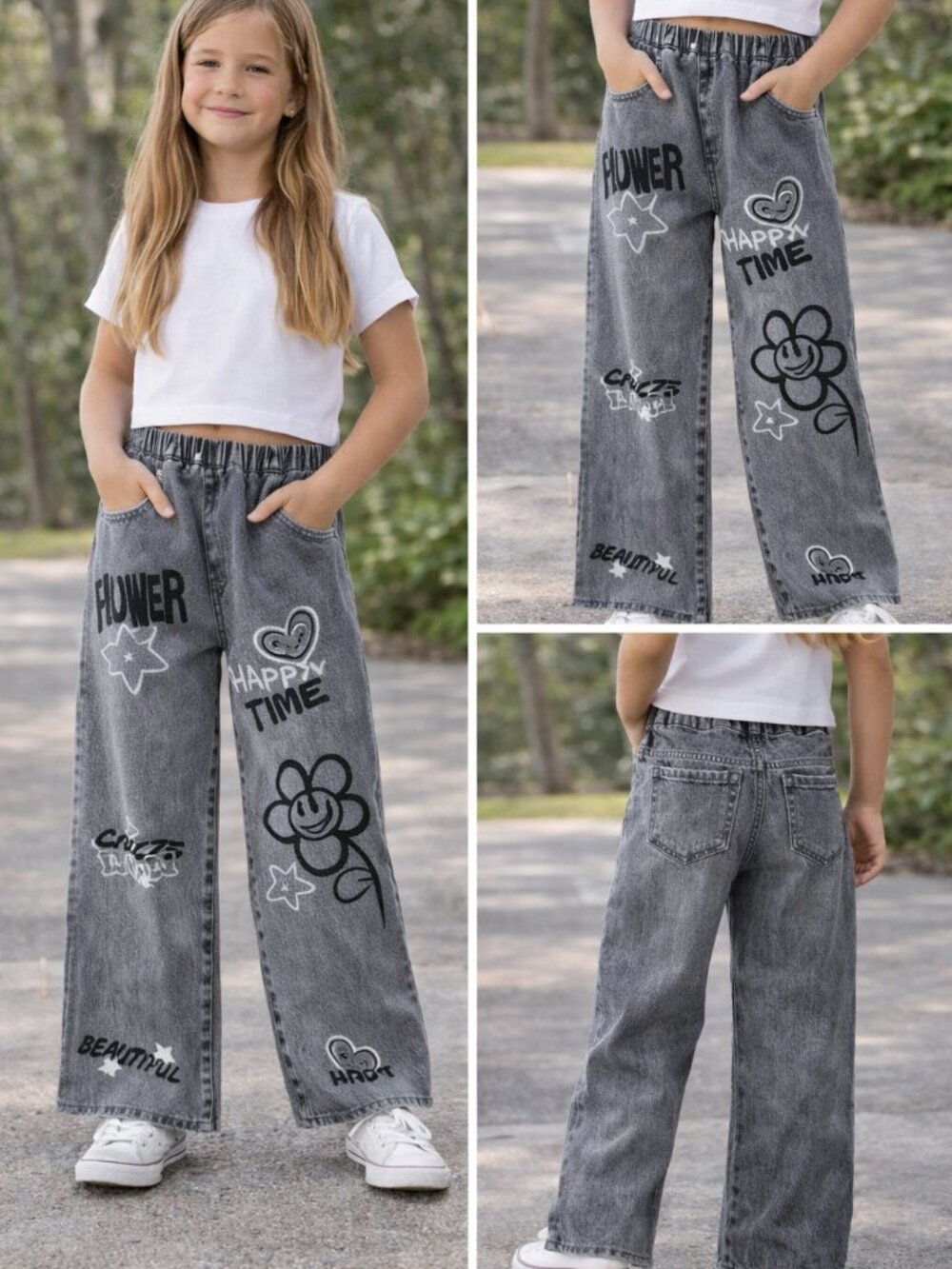 Girls Wide Leg Jeans Gray Graphic Pants Kids 12Y Elastic Waist Streetwear Denim